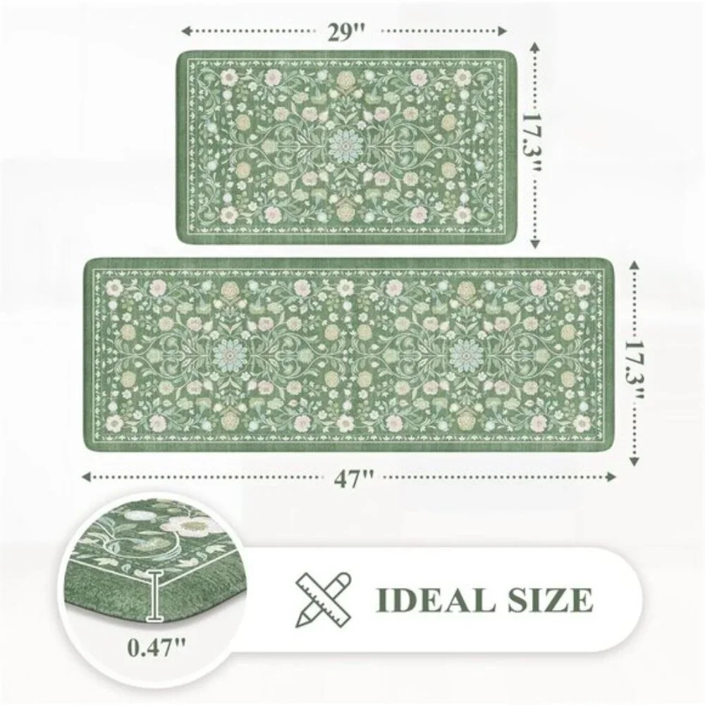 New 2Pcs Cushioned Kitchen Mats, Non-Slip Floral Anti-Fatigue Rugs in Green
